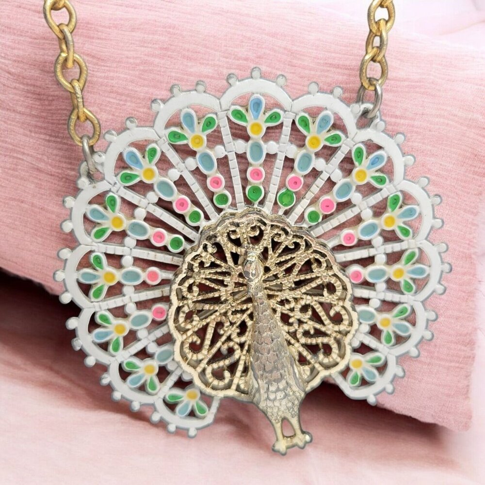 Vintage Gold Crown Gold Tone Peacock Statement Necklace